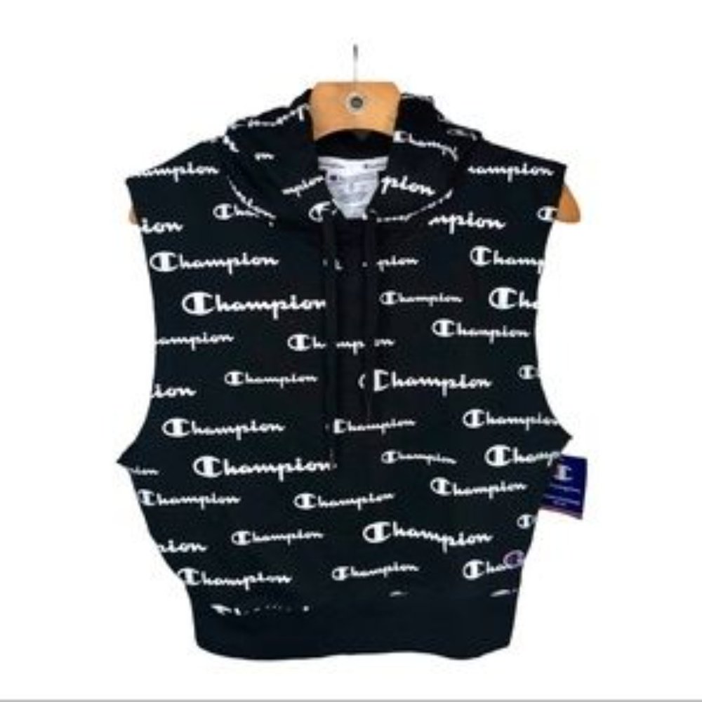 NWT Champion Sleeveless Logo Hoodie Black Top sz M